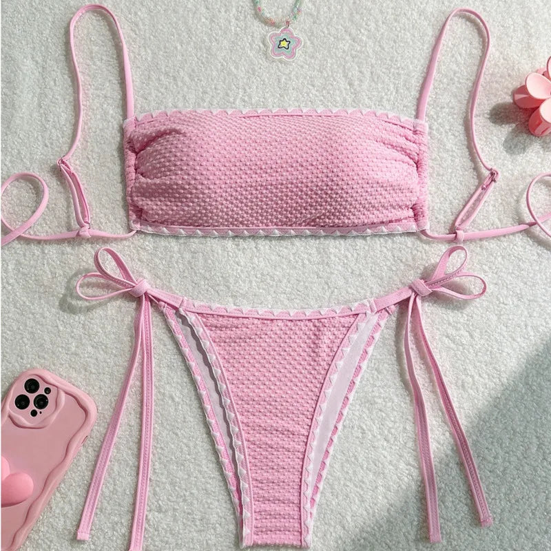 Textured Pink Bandeau String Bikini with Scalloped Ruffle Trim