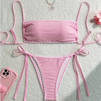 Textured Pink Bandeau String Bikini with Scalloped Ruffle Trim
