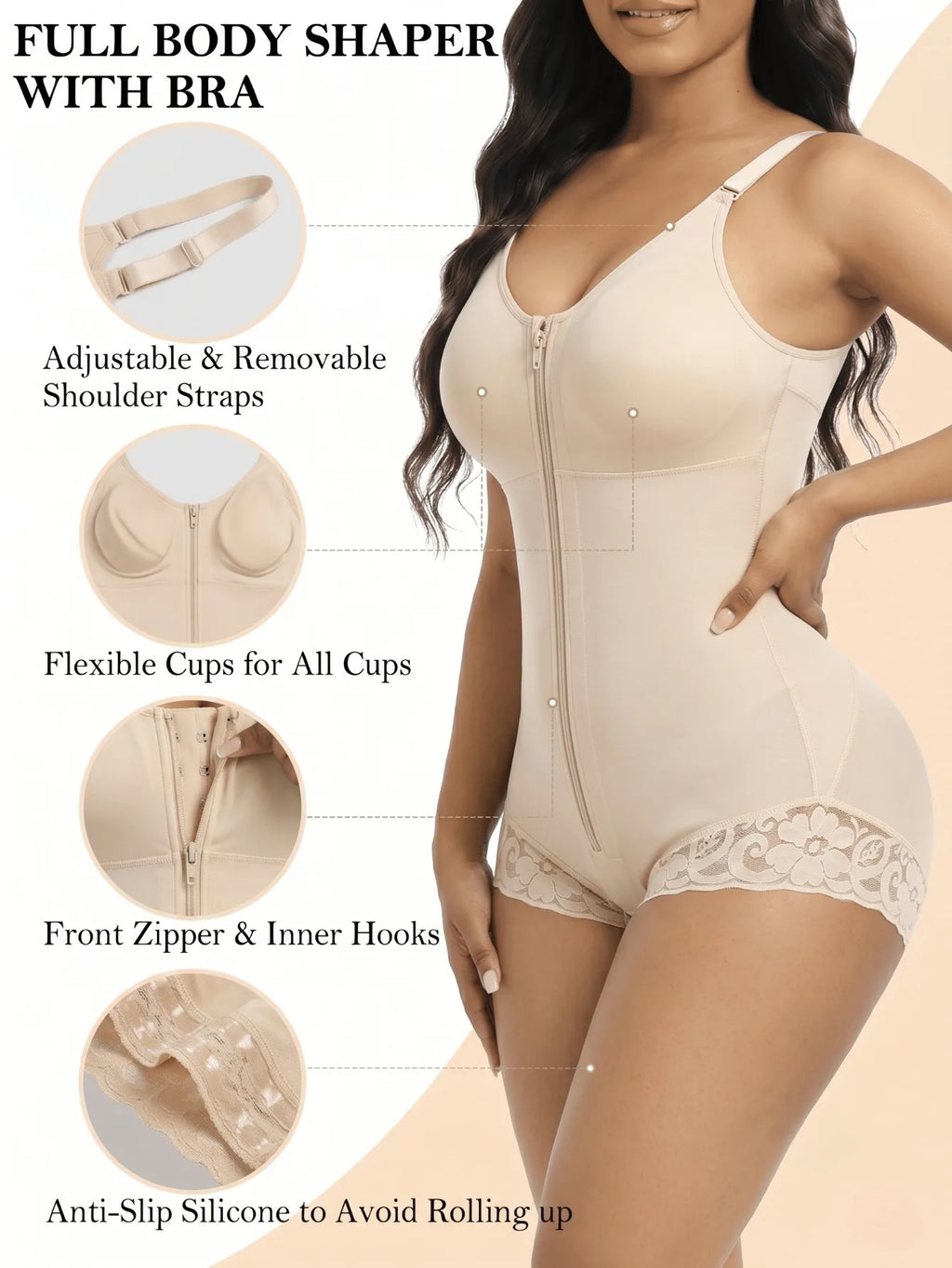 Elegant Zip-Front V-Neck Bodysuit with Lace Hip Detailing