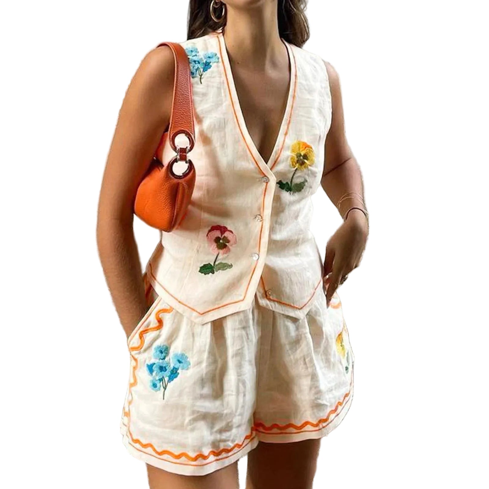 Embroidered V Neck Vest and Shorts Summer Co-Ord Set for Women