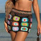 Colorful Crochet Floral Beach Cover-Up Skirt with Vintage Patchwork Design for Bikini and Swimwear Styling