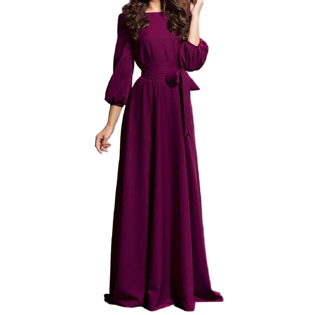 Long Sleeve A-Line Maxi Dress with Defined Waist and Flowing Silhouette