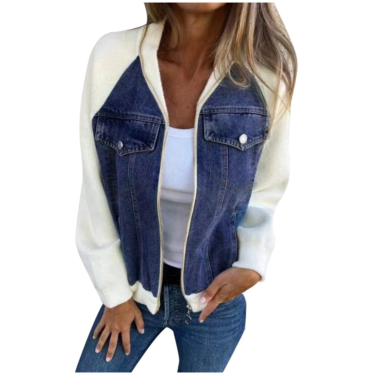Women's Patchwork Denim Contrast Sleeve Button-Up Casual Streetwear Jacket