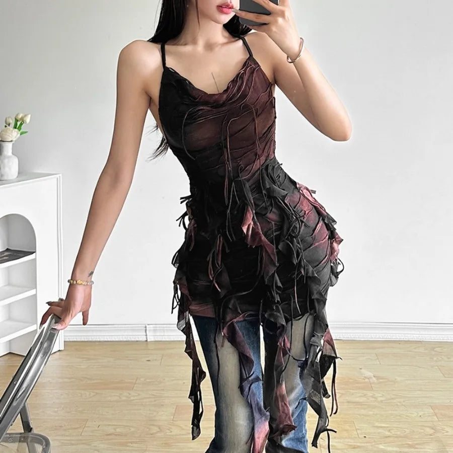 Distressed Layered Chiffon Mini Dress With Dark Alternative Streetwear Fashion Appeal
