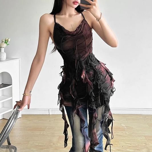 Distressed Layered Chiffon Mini Dress With Dark Alternative Streetwear Fashion Appeal