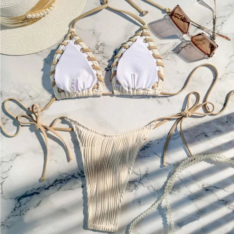 Textured Cream String Bikini with Braided Contrast Border Trim