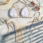 Textured Cream String Bikini with Braided Contrast Border Trim