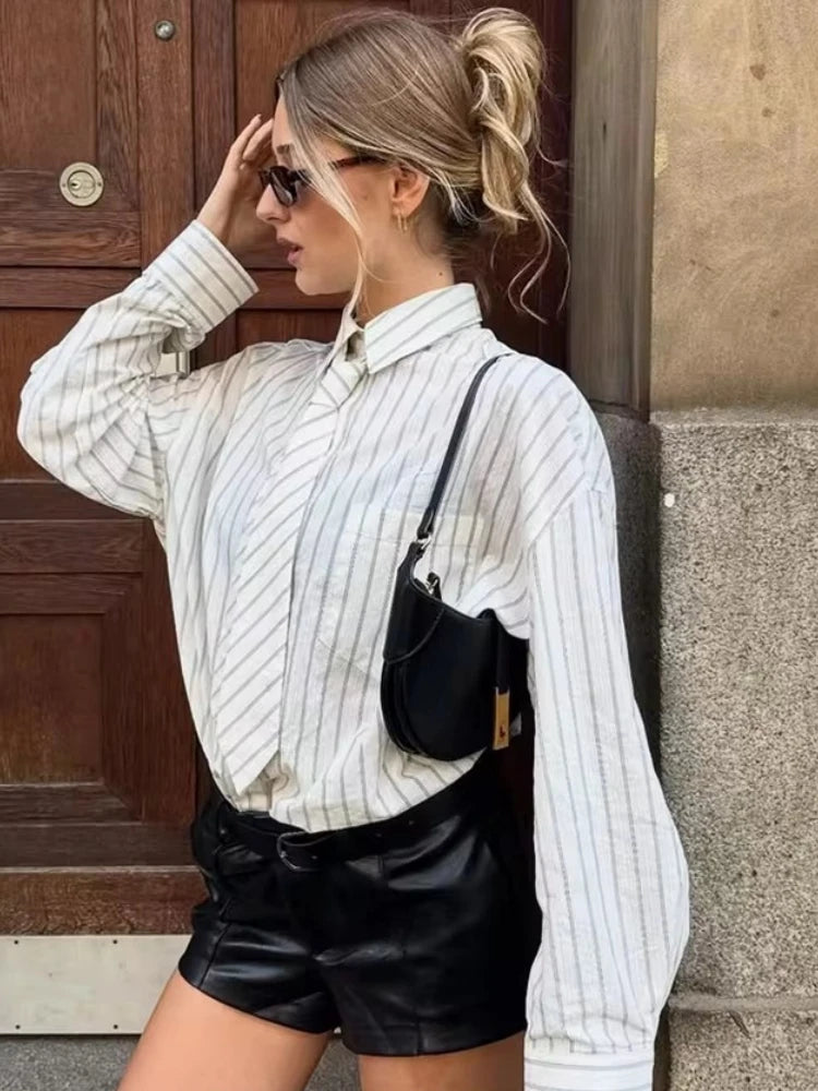 Boyfriend-Style Striped Button-Down Shirt with Matching Fabric Tie