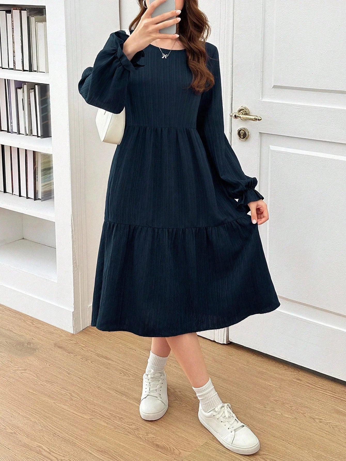 Tiered Long Sleeve A-Line Mini Dress with Relaxed Flowing Silhouette