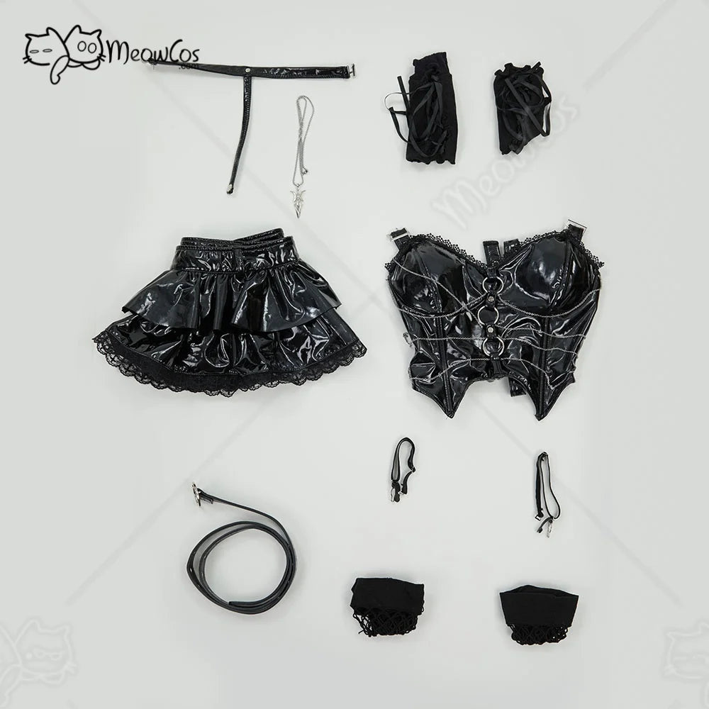 Women's High Gloss Structural Corset Top And Tiered Ruffle Mini Skirt Coordinate Set