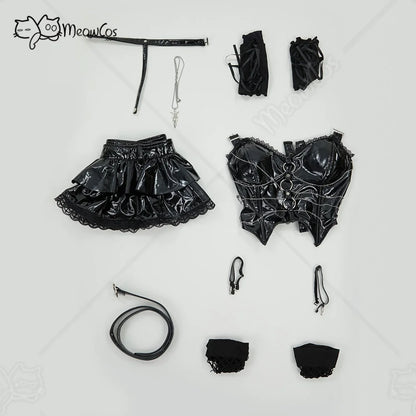 Women's High Gloss Structural Corset Top And Tiered Ruffle Mini Skirt Coordinate Set
