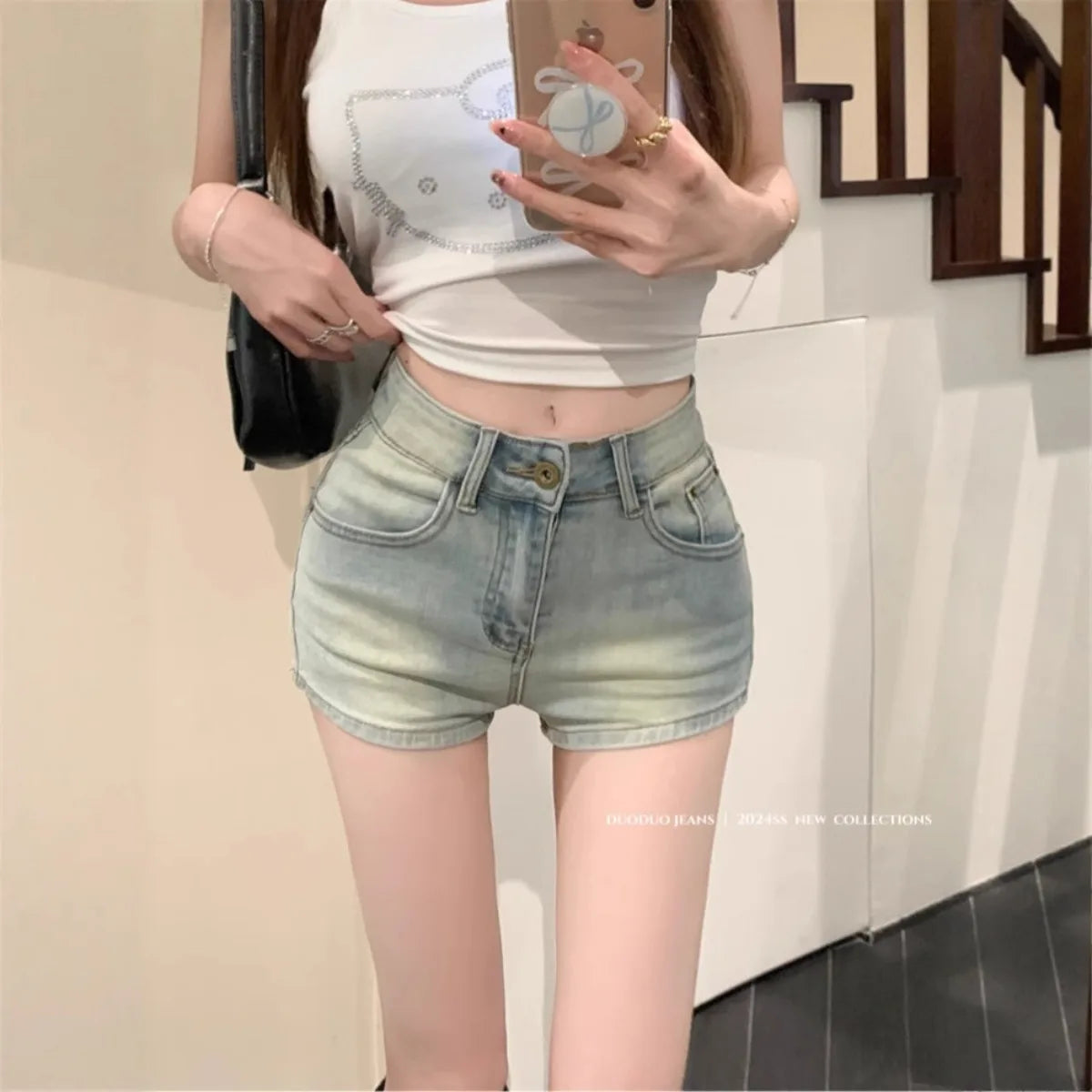 Women's High Rise Vintage Inspired Denim Style Shorts with Button Front Casual Streetwear Fit