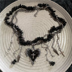 Neo Gothic Heart Cross Choker Necklace With Layered Beaded Alternative Fashion Detailing