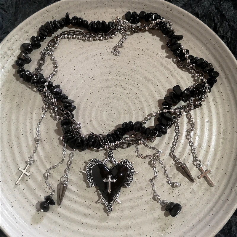 Neo Gothic Heart Cross Choker Necklace With Layered Beaded Alternative Fashion Detailing