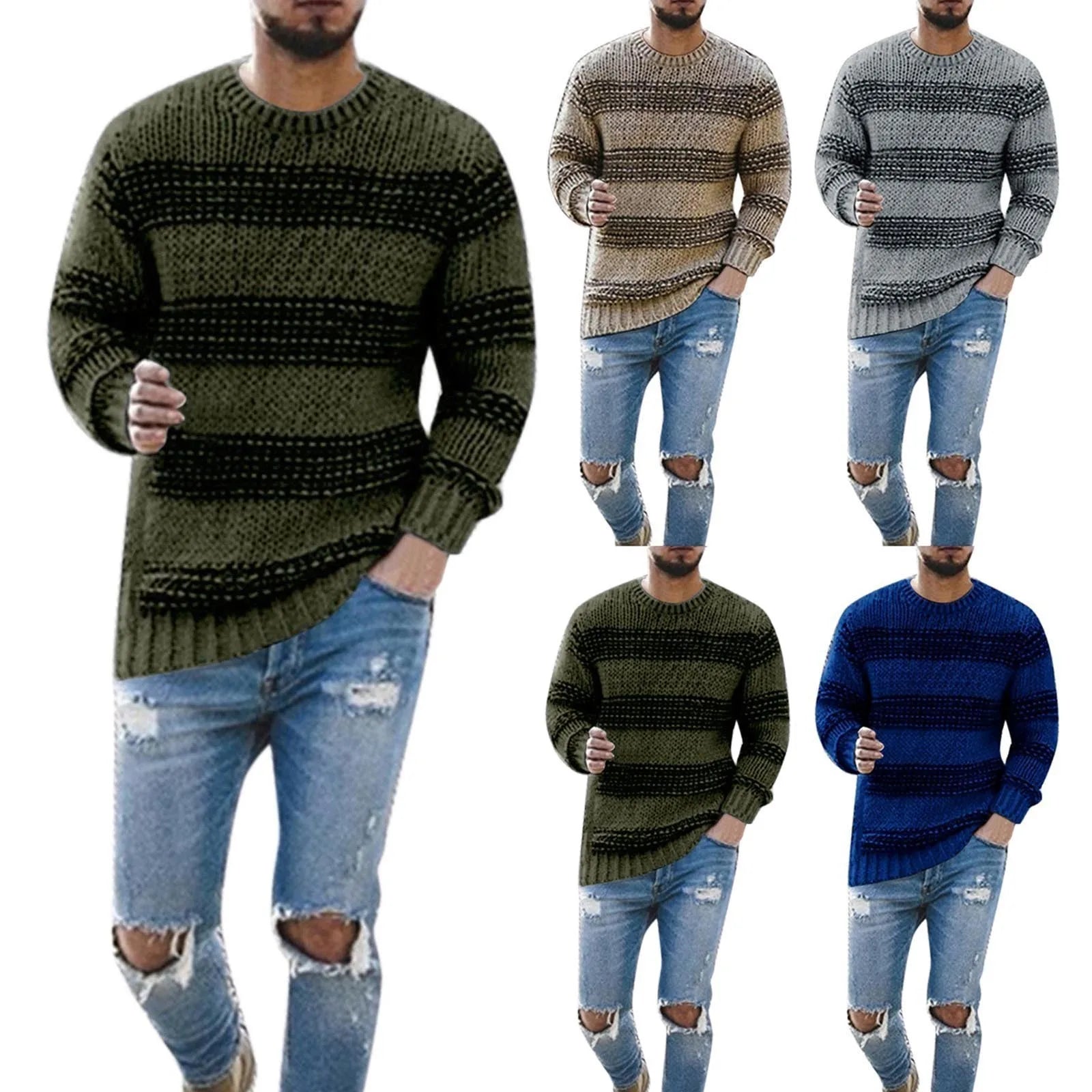 Men's Relaxed Fit Striped Flat Knit Crew Neck Streetwear Sweater Pullover