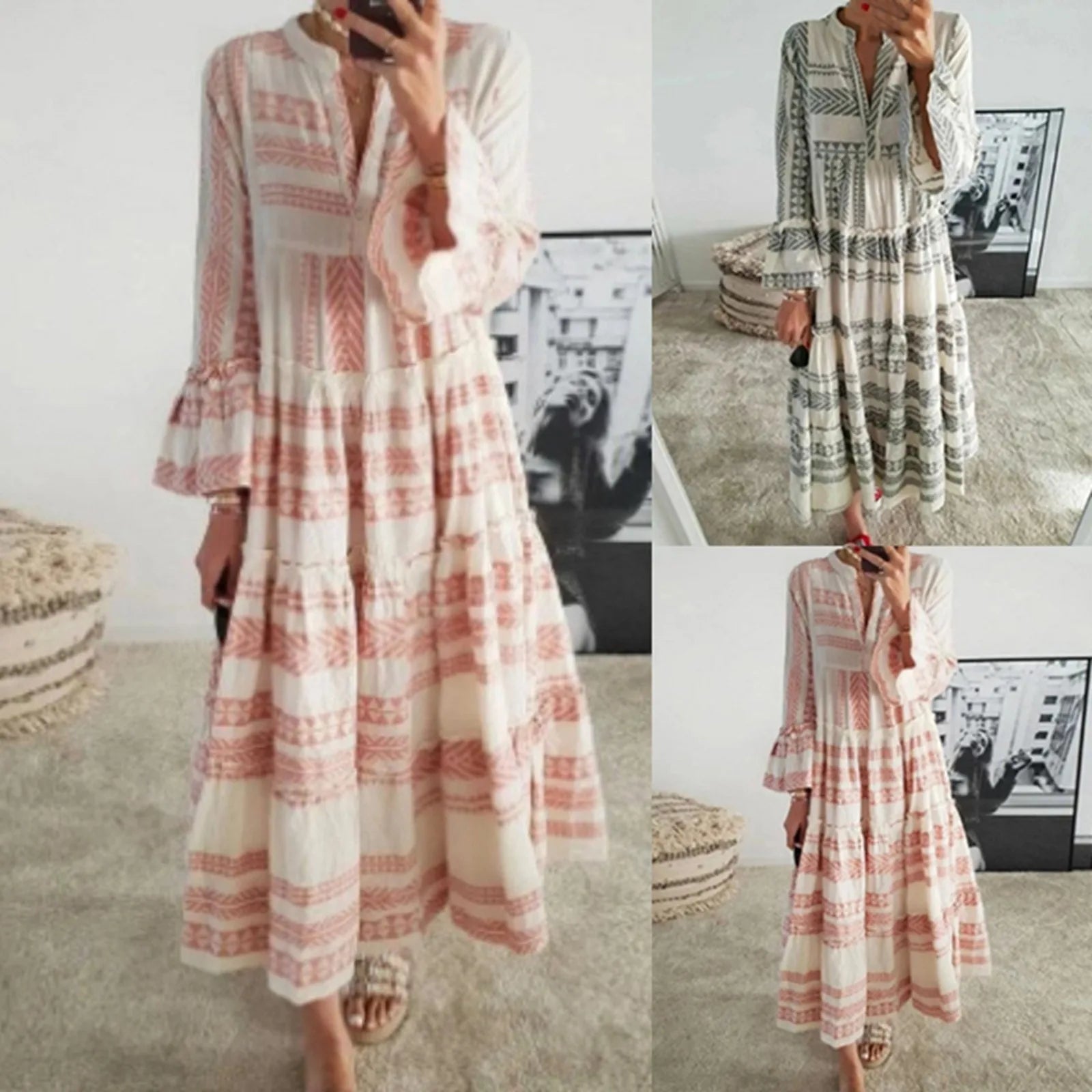 Bohemian Print Maxi Dress with V Neck and Flowy Long Sleeves
