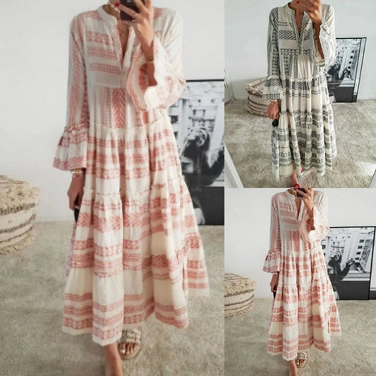 Bohemian Print Maxi Dress with V Neck and Flowy Long Sleeves