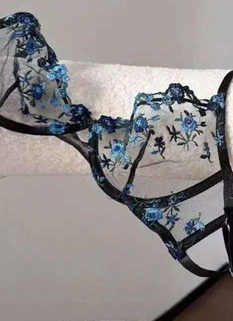 Sheer Black Mesh Lingerie Set with Delicate Blue Floral Embroidery and Underwire Support