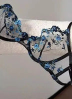 Sheer Black Mesh Lingerie Set with Delicate Blue Floral Embroidery and Underwire Support