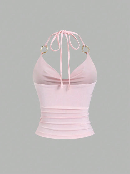 Halter Tie Crop Top with Draped Neckline Slim Fit Contemporary Streetwear Style