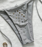 Grey Triangle String Bikini with Geometric Rhinestone Embellishments