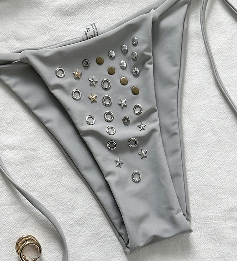 Grey Triangle String Bikini with Geometric Rhinestone Embellishments