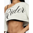 Women's Asymmetric Off Shoulder Graphic Crop T-Shirt for Modern Streetwear and Casual Everyday Style