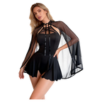 Dark Romance Strappy Black Mini Dress with Sheer Mesh Capelet