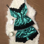 Contrasting Black Lace and Peach Satin-Finish Two-Piece Cami and Shorts Sleep Set