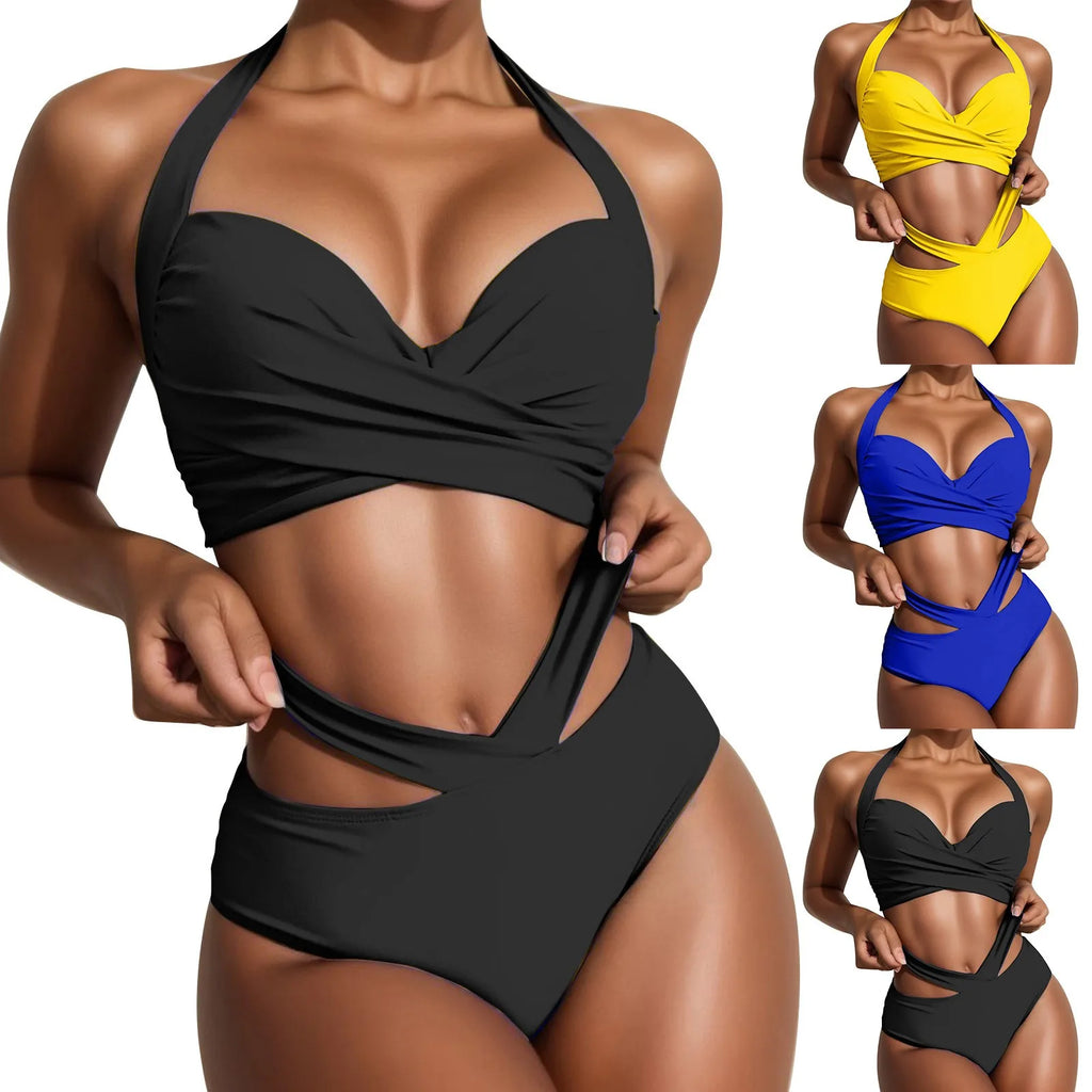 Women's Yellow Ruched Wrap-Front Bikini Set with Halter Neck, High-Waisted Bottom and Cutout Waist Detailing