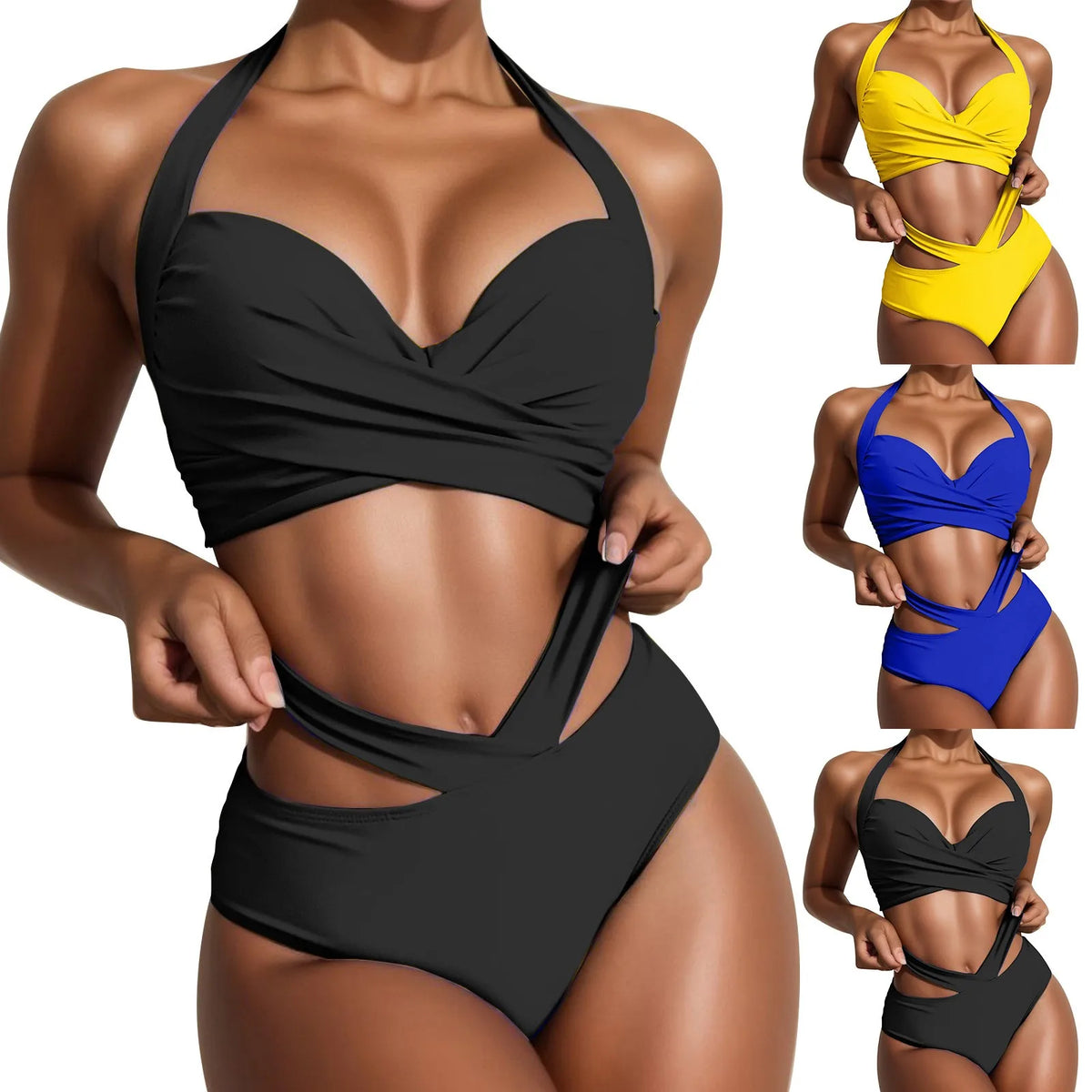 Women's Yellow Ruched Wrap-Front Bikini Set with Halter Neck, High-Waisted Bottom and Cutout Waist Detailing