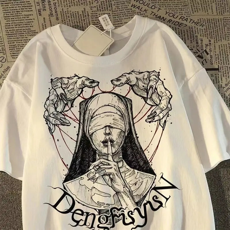 Oversized Vintage Figure Graphic Cotton T-Shirt with Gothic Streetwear Artwork