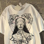 Oversized Vintage Figure Graphic Cotton T-Shirt with Gothic Streetwear Artwork