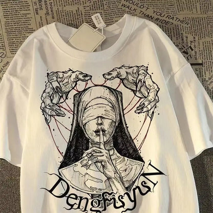 Oversized Vintage Figure Graphic Cotton T-Shirt with Gothic Streetwear Artwork