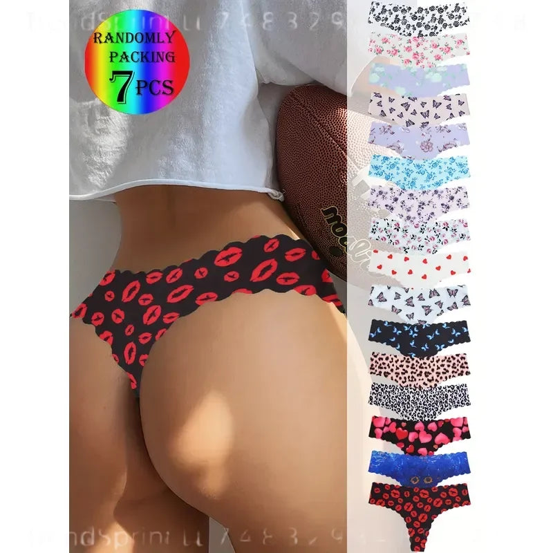 7-Piece Women’s Printed Seamless-Style Briefs Set with Butterfly, Heart and Lip Motifs, Assorted Colors and Playful Design