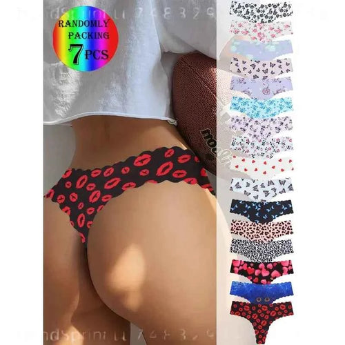 7-Piece Women’s Printed Seamless-Style Briefs Set with Butterfly, Heart and Lip Motifs, Assorted Colors and Playful Design