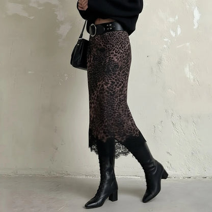 Low Rise Leopard Print Lace Trim Asymmetrical Midi Skirt