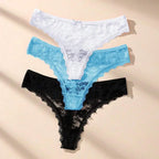 3-Piece Women’s Floral Lace Thong Set with Sheer-Look Panels, Low-Rise Silhouette and Assorted Feminine Colors