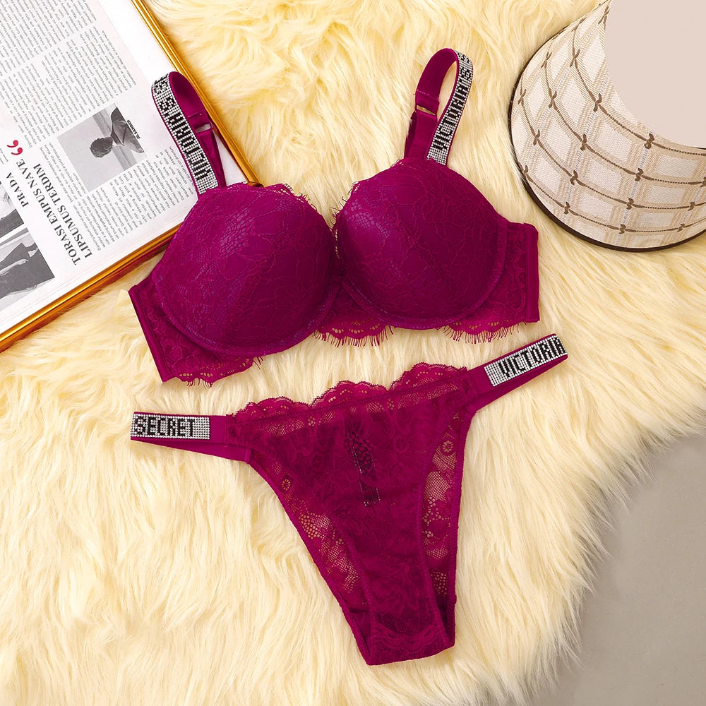 Eyelash Fringe Trim Push-Up Bra and Rhinestone Statement Thong Set