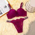 Eyelash Fringe Trim Push-Up Bra and Rhinestone Statement Thong Set