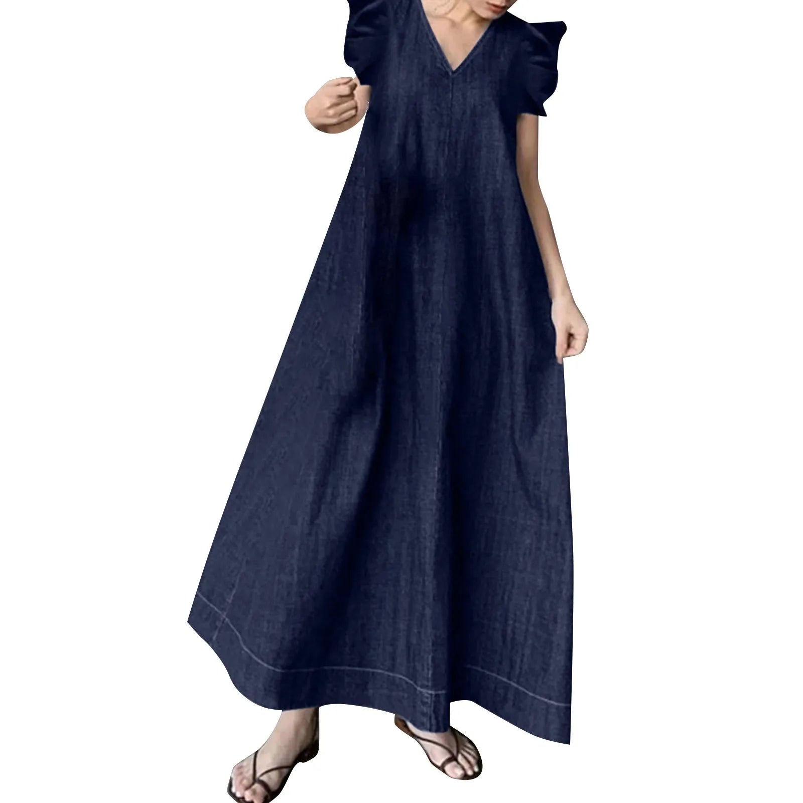 Oversized Denim Look Maxi Dress with Relaxed Fit and Petal Sleeves
