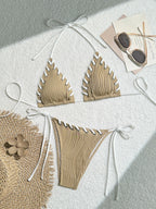 Textured Cream Triangle String Bikini with Shell-Inspired Embellishments