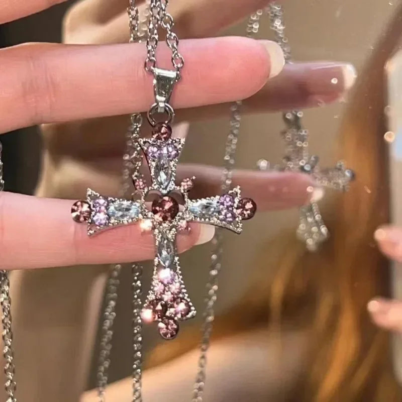 Crystal Cross Pendant Necklace for Gothic Y2K and Dark Feminine Fashion