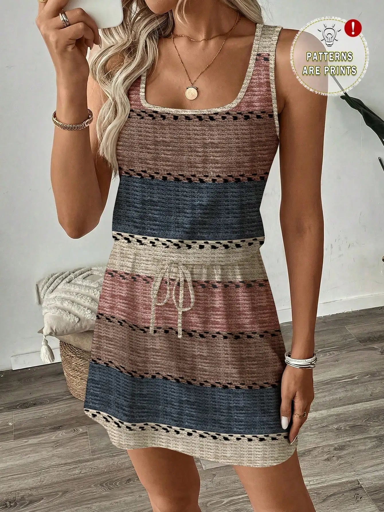 Striped Sleeveless Drawstring Waist Mini Dress with Relaxed Everyday Style
