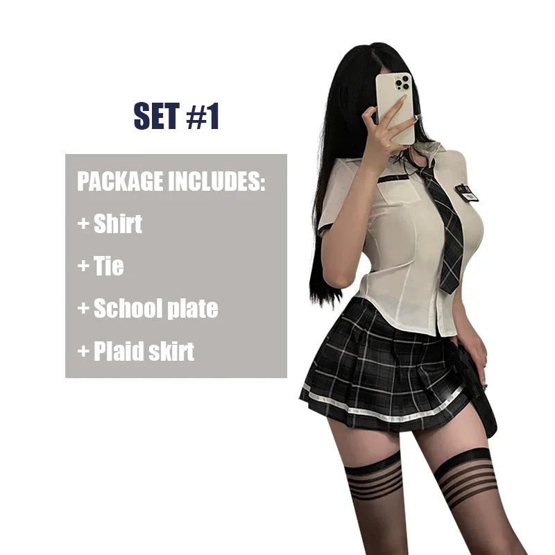 Earth-Toned Collegiate Roleplay Set with Collared Top, Brown Plaid Skirt, and Coordinated Tie