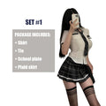 Earth-Toned Collegiate Roleplay Set with Collared Top, Brown Plaid Skirt, and Coordinated Tie