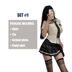 Earth-Toned Collegiate Roleplay Set with Collared Top, Brown Plaid Skirt, and Coordinated Tie