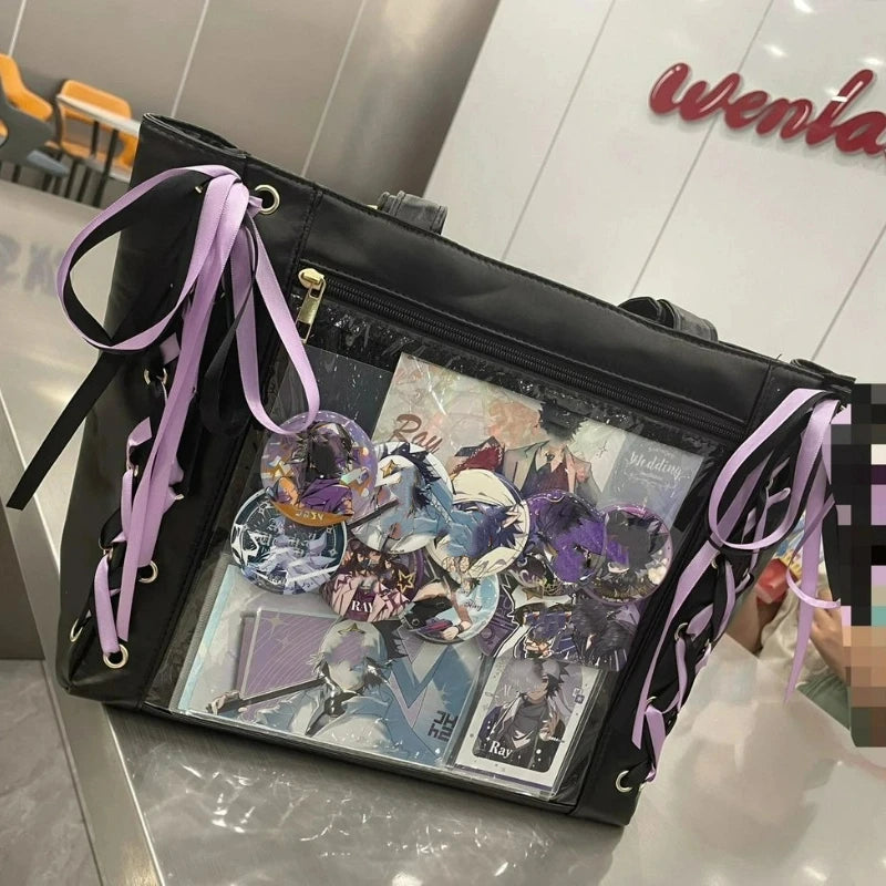 Transparent Display Tote Bag with Ribbon Accents and Organizer Compartments
