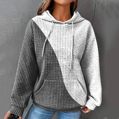 Women's Oversized Color Block Waffle Knit Hoodie for Relaxed Everyday Streetwear Style