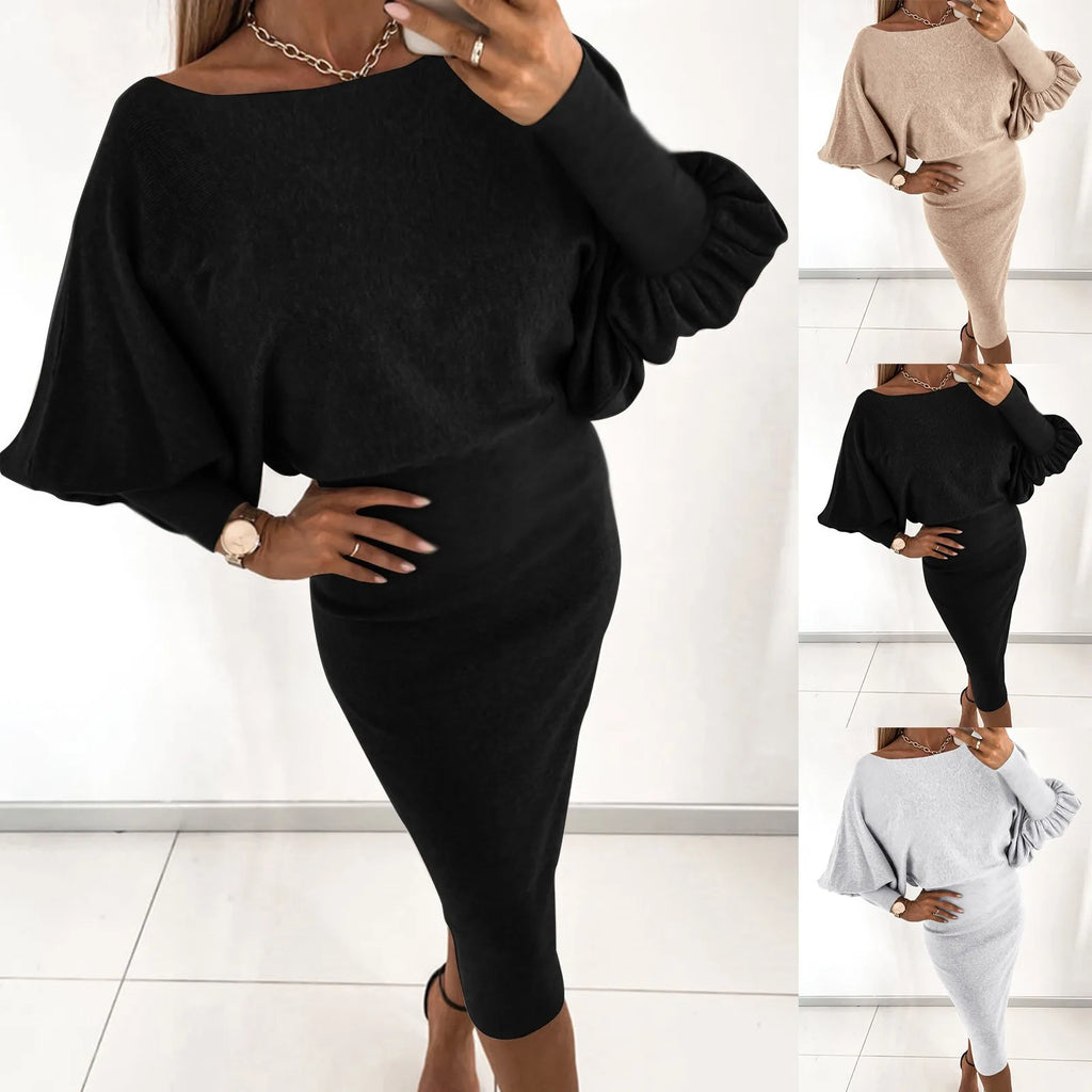 Minimalist Knit Midi Sweater Dress With Statement Bell Sleeves